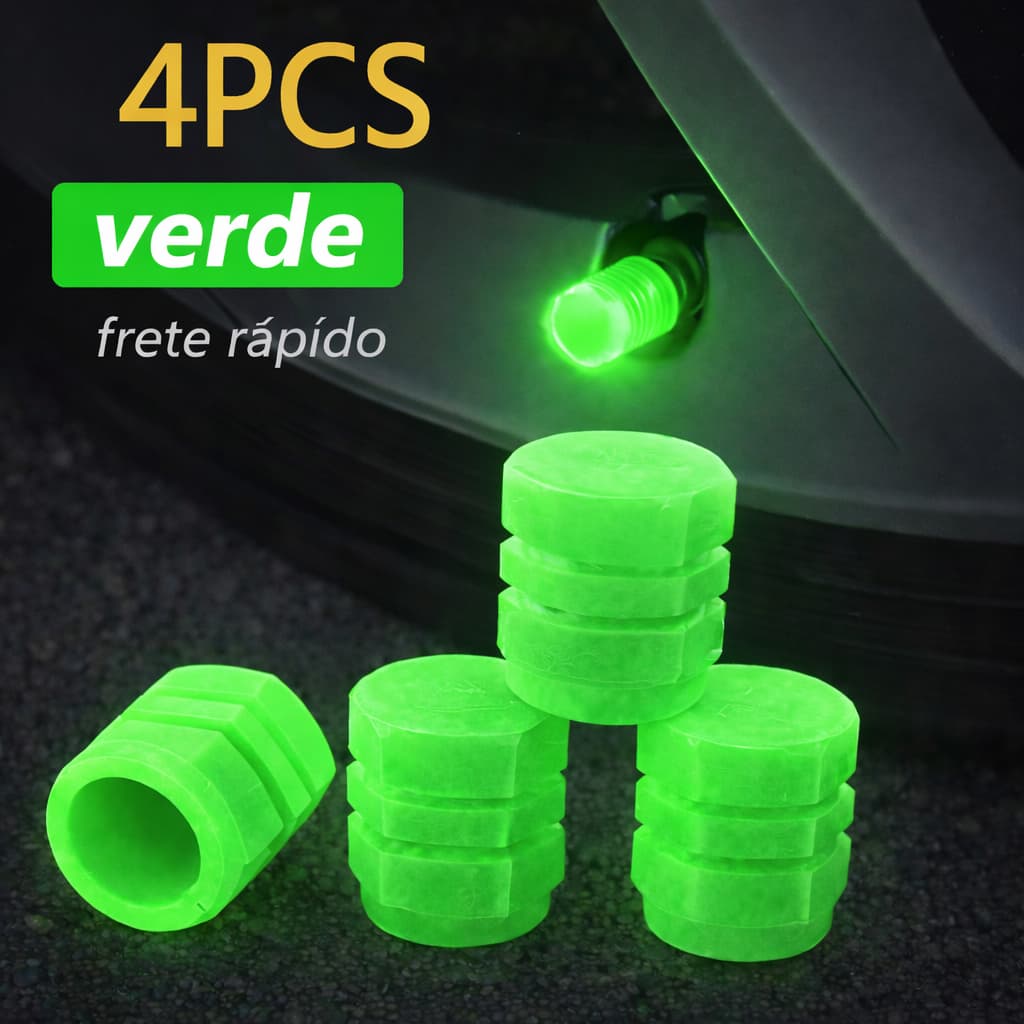 Bico Tampa Válvula Pneu Brilha no Escuro Verde Fluorescente Kit com 12 Unidades