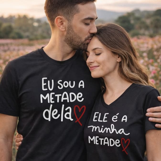 Camiseta Casal Kit 2 Peças Eu sou a Metade Dela, Ele é a Minha Metade Namorados 2 PEÇAS PRETO