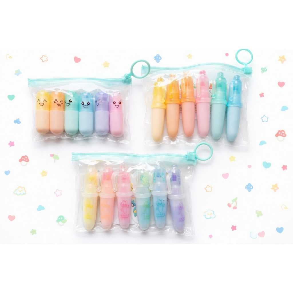 Super Kit Marca Textos Kawaii - 3 Estojos Completos + Bolsinhas Zip Papelaria Fofa