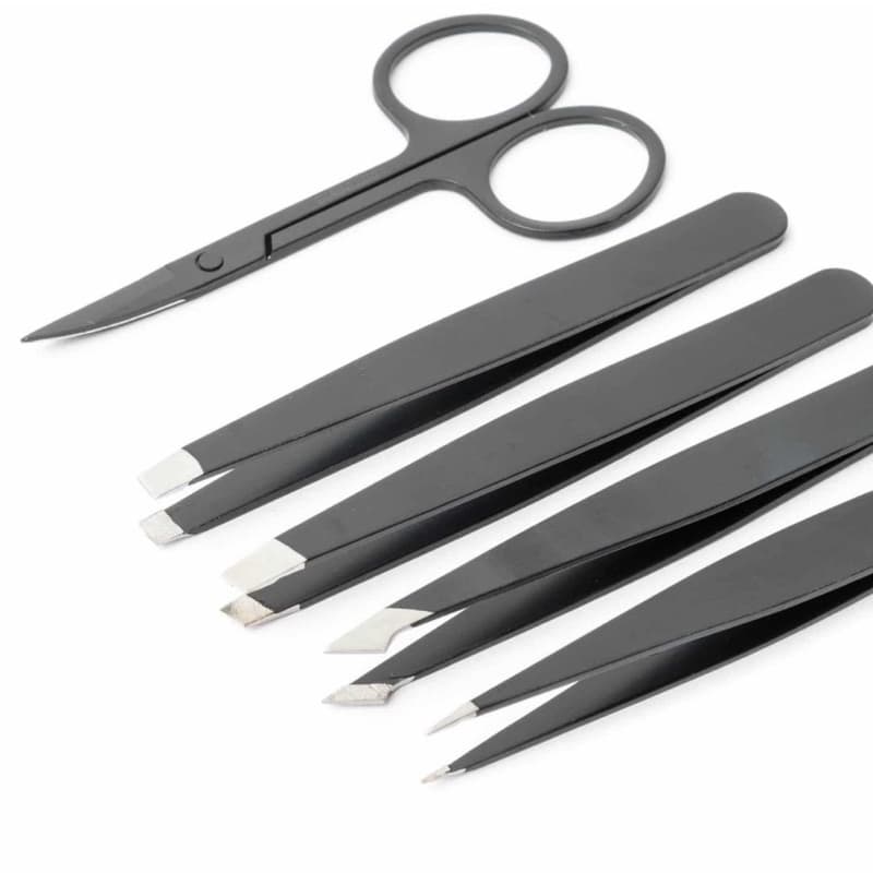 kit de pinças e tesoura para design de sobrancelhas.