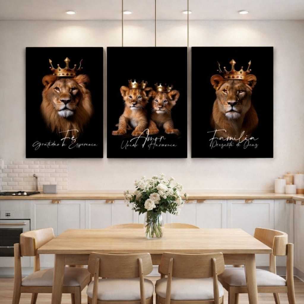 Quadros Decorativos Leão 2 Filhotes com Frase Familia Leão 3 Telas Para Sala Quarto Escritório