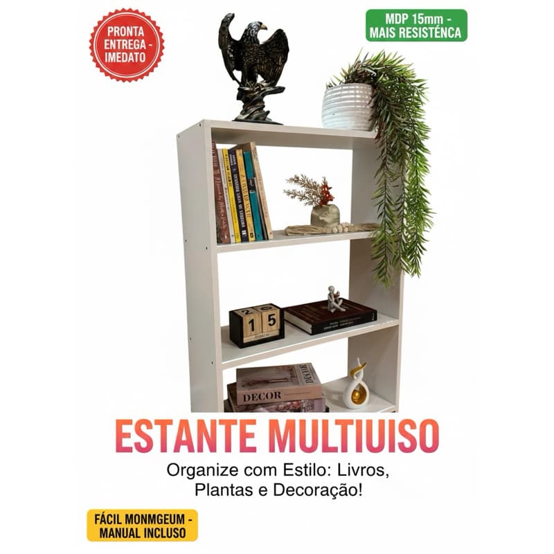 Estante Livreiro Multiuso 3 Nichos Organizador de Livros e Decoração Escritório Sala Quarto Alta Qualidade