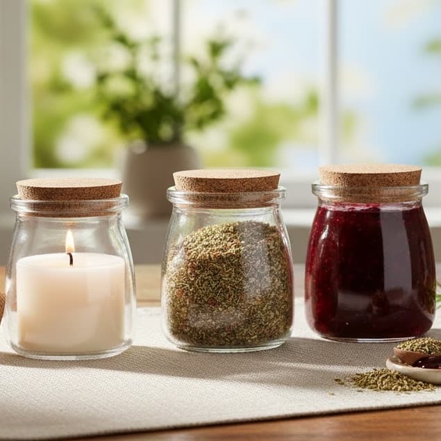 Kit 3 Potes de Vidro 100ml com Tampa de Cortiça | Multiuso Decorativo, Temperos, Vela e Lembrancinha