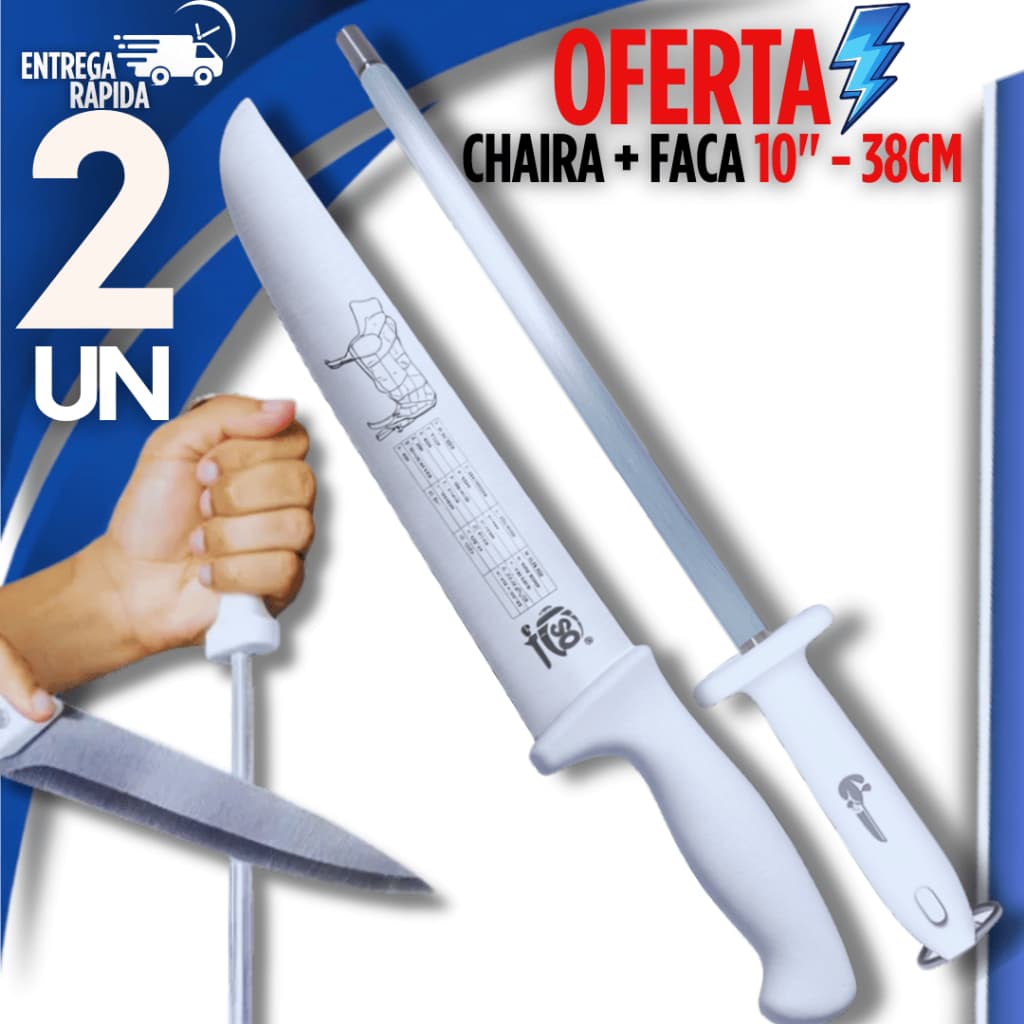 Combo Especial 02 Peças -  Chaira 10" + Faca Profissional 10"´ Afiador Amolador Açougue Cozinheiro Multiuso Premium