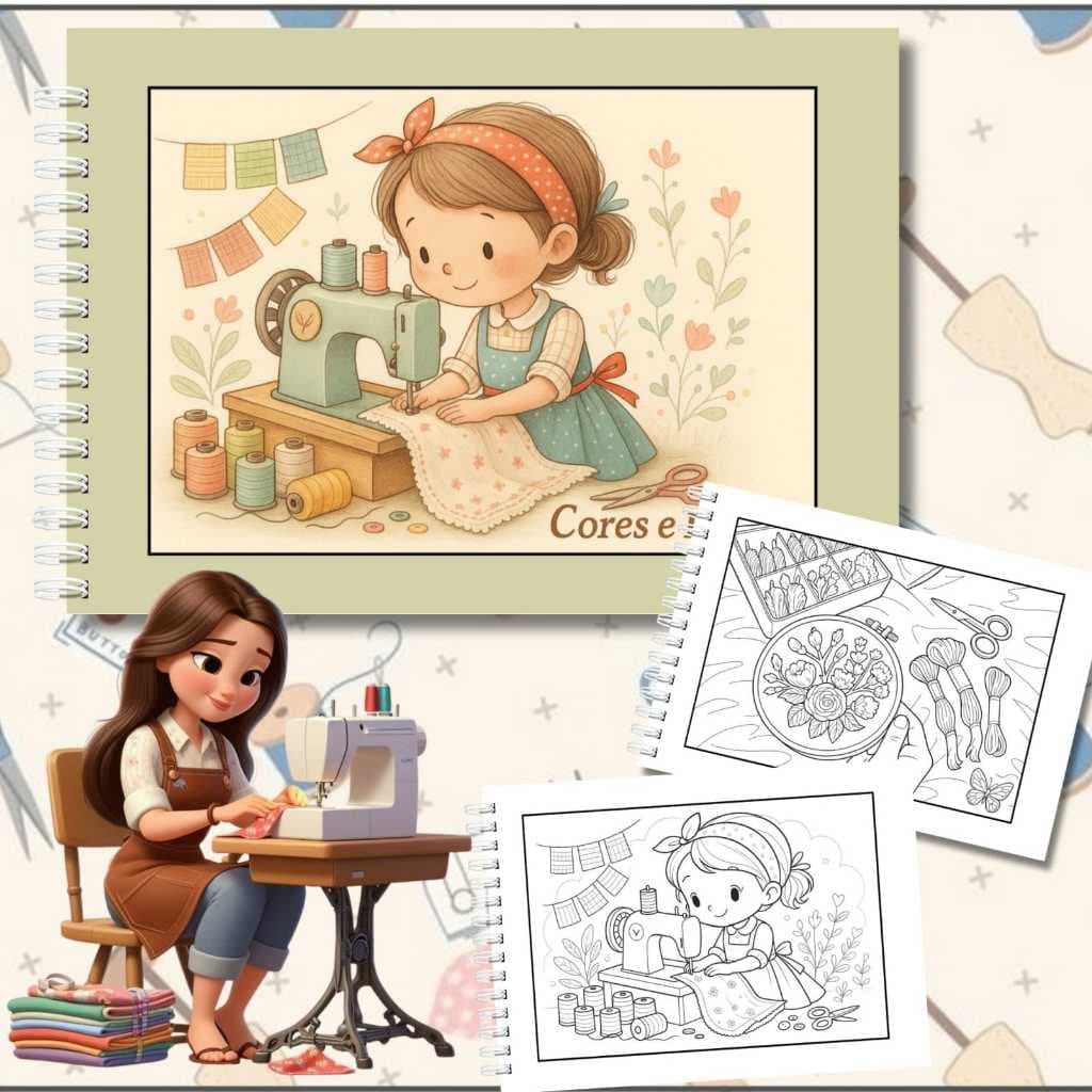 Livro de Colorir Cores e Costuras A5 | 50 Desenhos | Papel 180g | Capa Dura