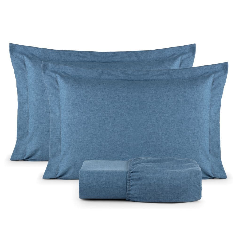 Jogo de Cama Queen 400 Fios Percal 03 Peças Com Aba Americana, Antiácaro, Anti-pilling com Toque Macio Linho Azul