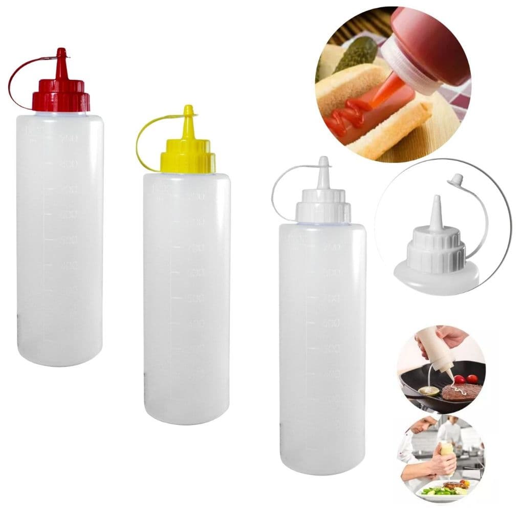 Kit até 3 Bisnagas Flexível de Plástico Profissional Lisa 1 Litro 600ML Bisnaga Ketchup Maionese Mostarda
