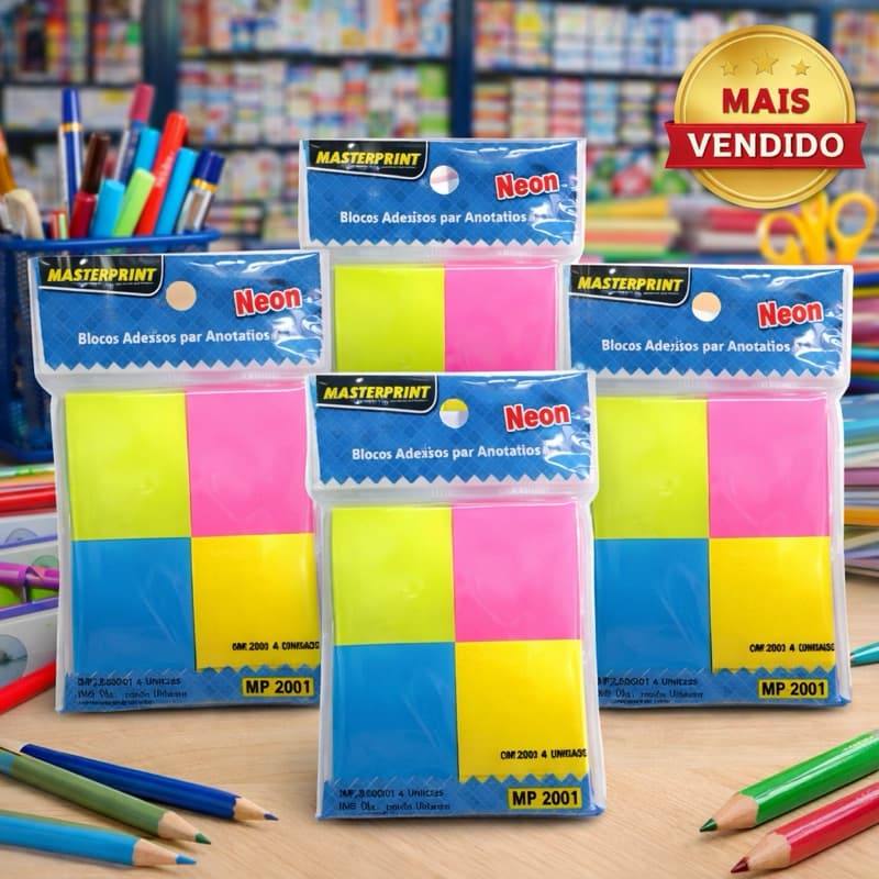 Kit 5 ou 10 Blocos Adesivos Neon Masterprint | Colorido | Lembretes Escola Escritório | Mais Vendido