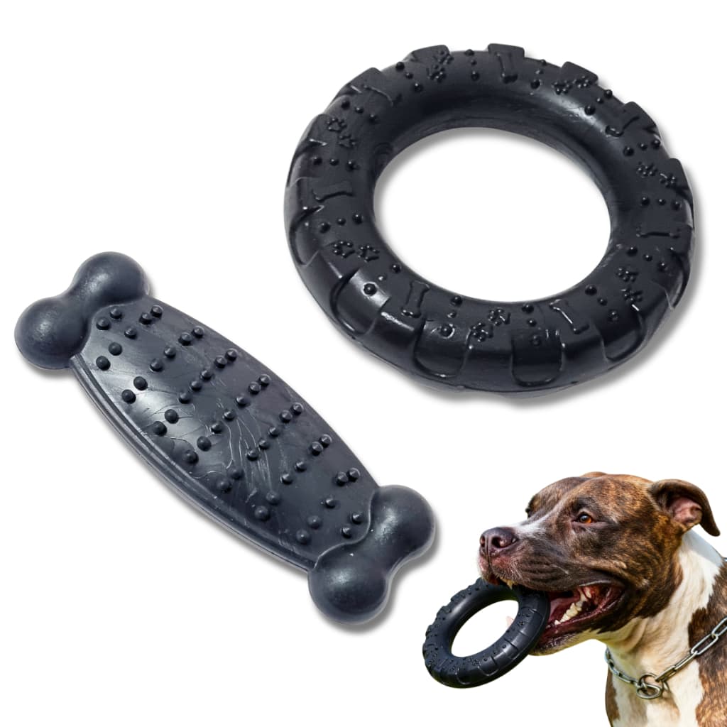 Kit Brinquedo Mordedor para Cachorro Pneu G + Osso Maciço Resistente higiênico Massageador Black