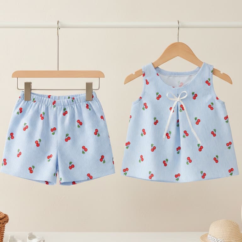 conjunto infantil  listrado meninas estampado duas peças moda verão crepinho