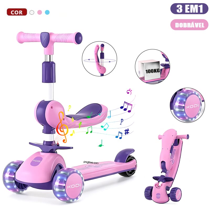 Patinete infantil 3 em 1 Assento dobrável e removível com LED e música suporta até 100 kg P15