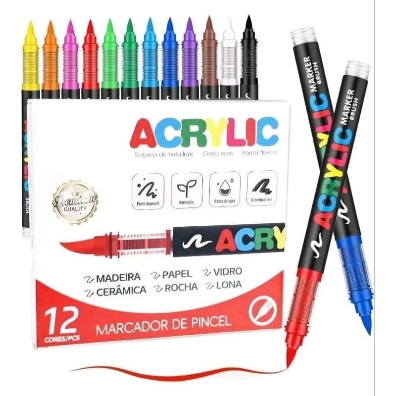 12 Canetas Acrílicas Colorida Premium Alta Pigmentação, Ponta Pincel Flexível Acrylic