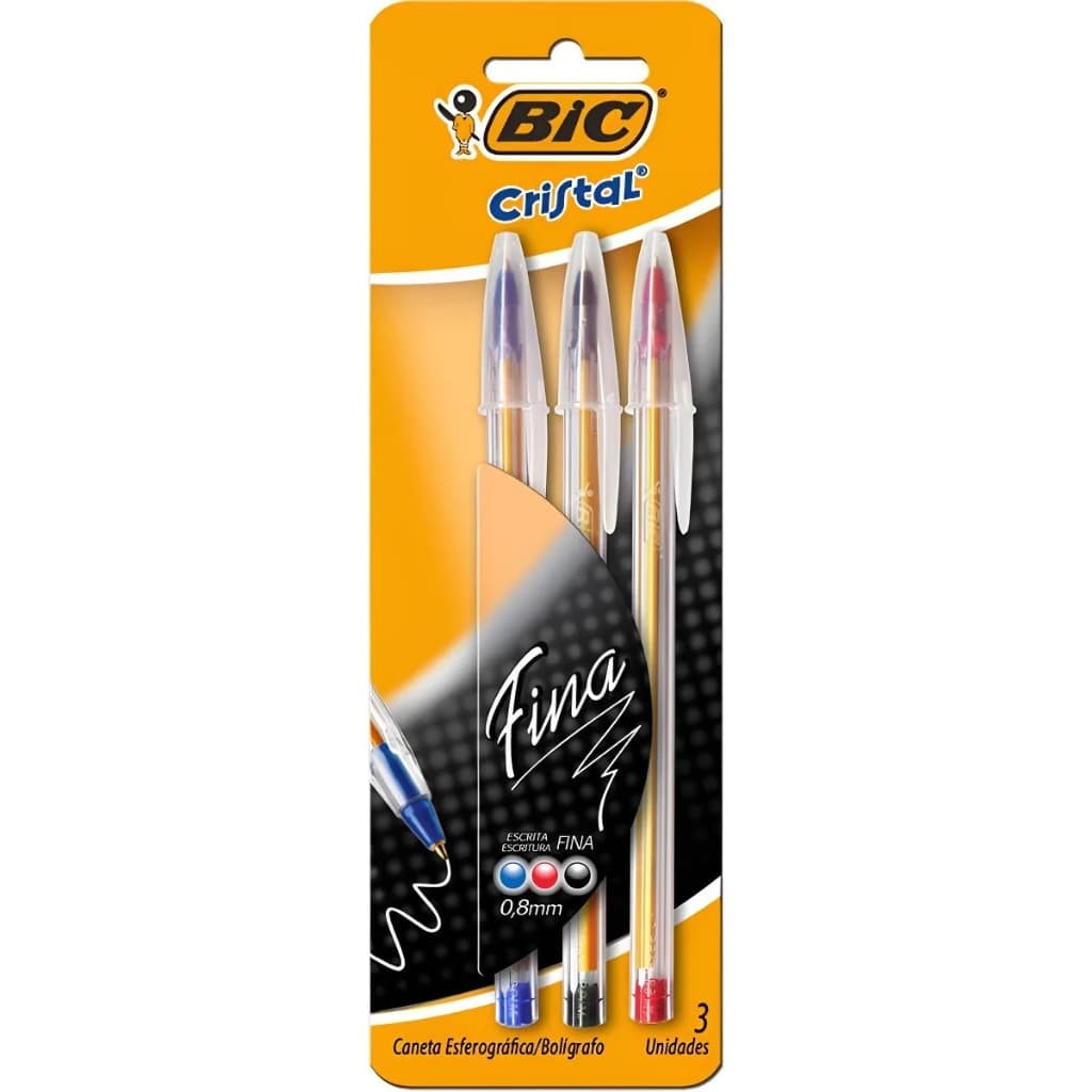 Caneta esferográfica Cristal Fina 0.8 AZ/PT/VM com 3 unidades Bic