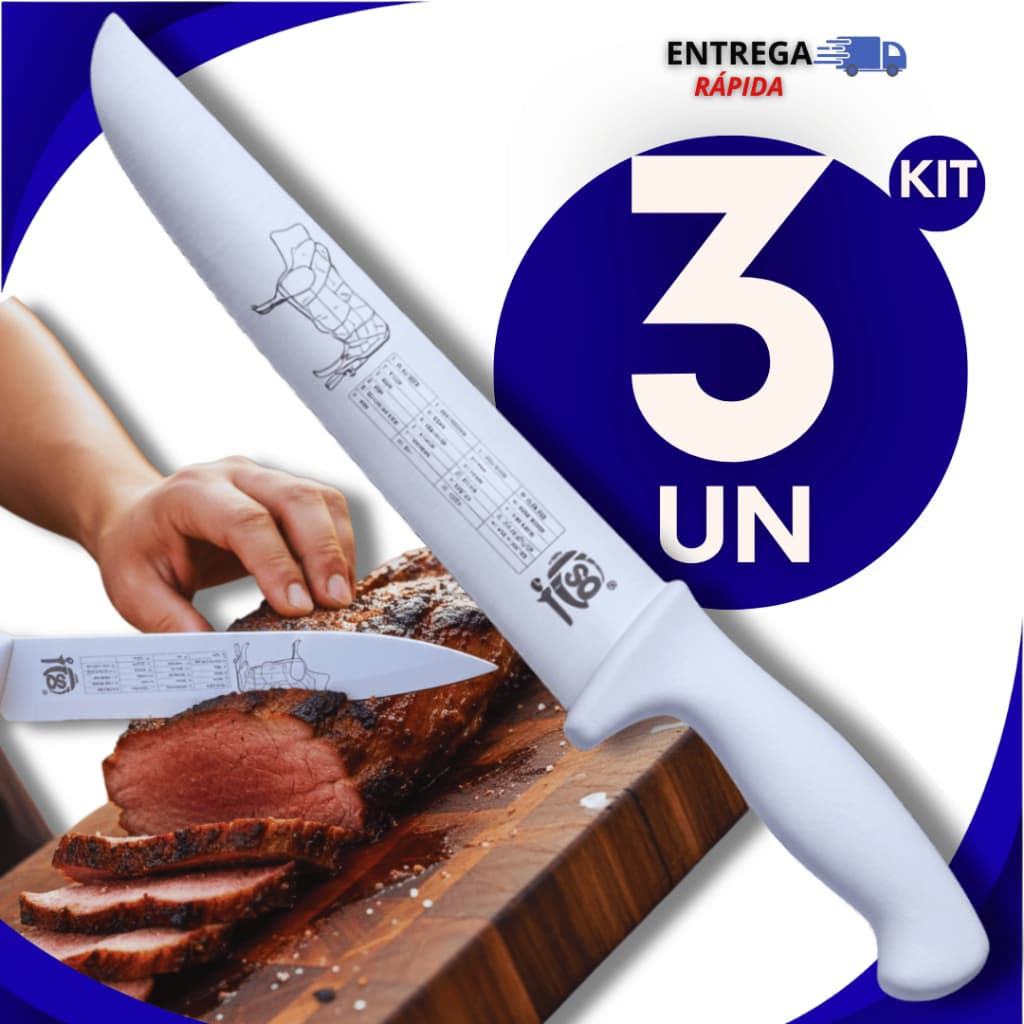 Jogo 3 Facas Carne Chef Aço Cabo Branco 10" Profissional Churrasco Entre as melhores facas de cozinha Premium Utilidades
