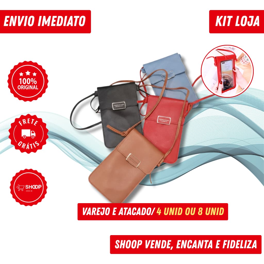 Loja - Bolsa Tiracolo/Transversal Porta Celular com Visor Touch | 4 ou 8 Unidades