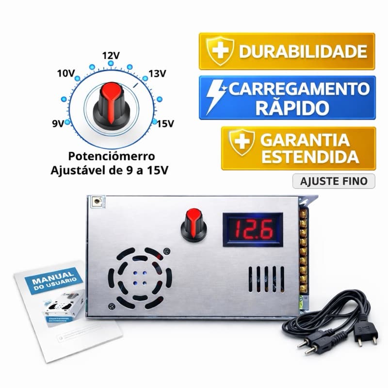 Fonte Automotiva Chaveada 11-15 V 150 Amperes   controladora de 9v a 15v com potenciômetro.+ Voltimetro VERMELHO +MANUAl