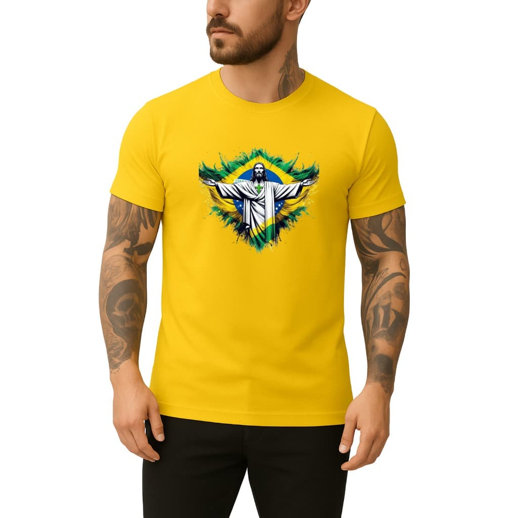 Camiseta Masculina 100% Algodão Estampa Brasil Jesus Cristo Copa do Mundo 2026 Camisa Blusa Unissex Cristo Redentor