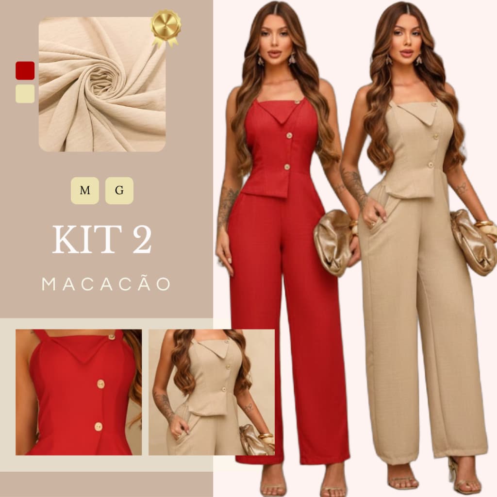 Kit 2 Macacões Feminino com Recorte Estruturado com uma aba Triangular, Botões Decorativos