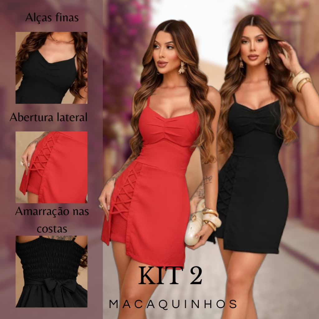 Kit 2 Macaquinho Curto Feminino com Elástico, Amarração nas Costas e Detalhe Lateral
