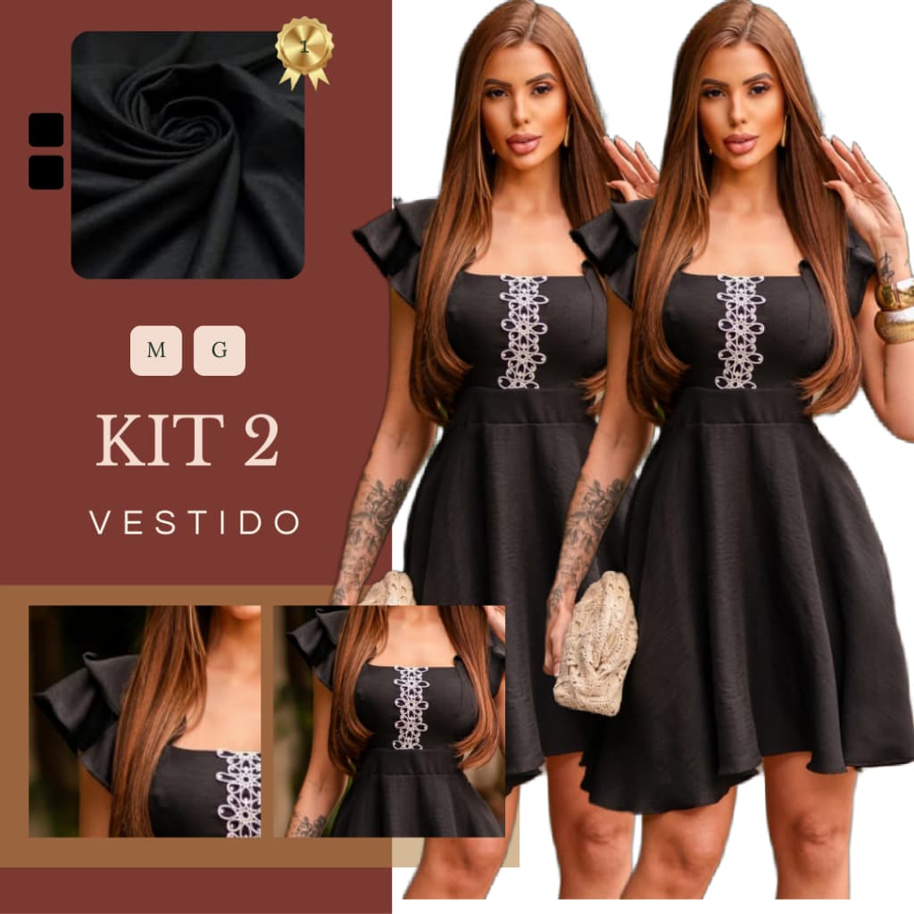 Kit 2 Vestidos Feminino Curto Manga Bufante Com Elástico e Detalhe Rendado Verão Moda Elegante Presente Esposa Namorada