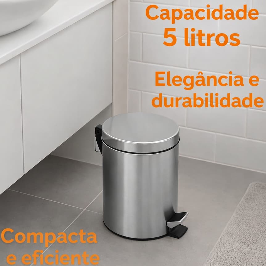 Lixeira Inox Redonda Capacidade 5 Litros Design Moderno Duravel Cozinha Banheiro Escritório