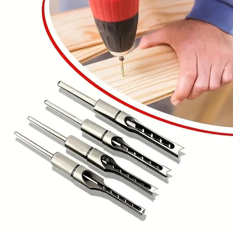 Kit 4 Peças Brocas Furo Quadrado ferramentas de trabalhar madeira para abrir furos - Aço Carbono 1/4" 5/16" 3/8" 1/2