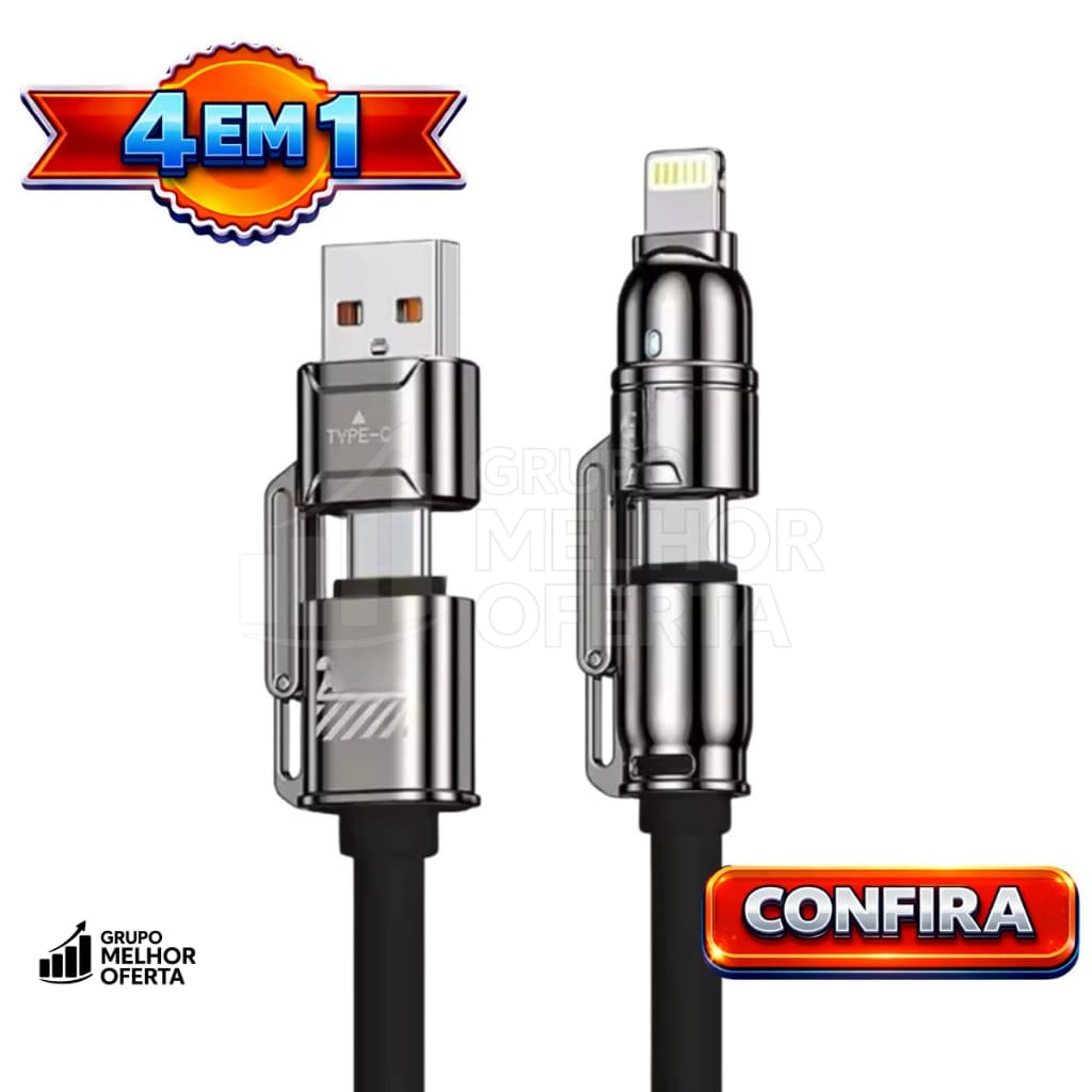 Cabo Turbo 4 em 1 60W Tipo-C Lightning USB-A super rápido para Xiaomi Samsung iphone