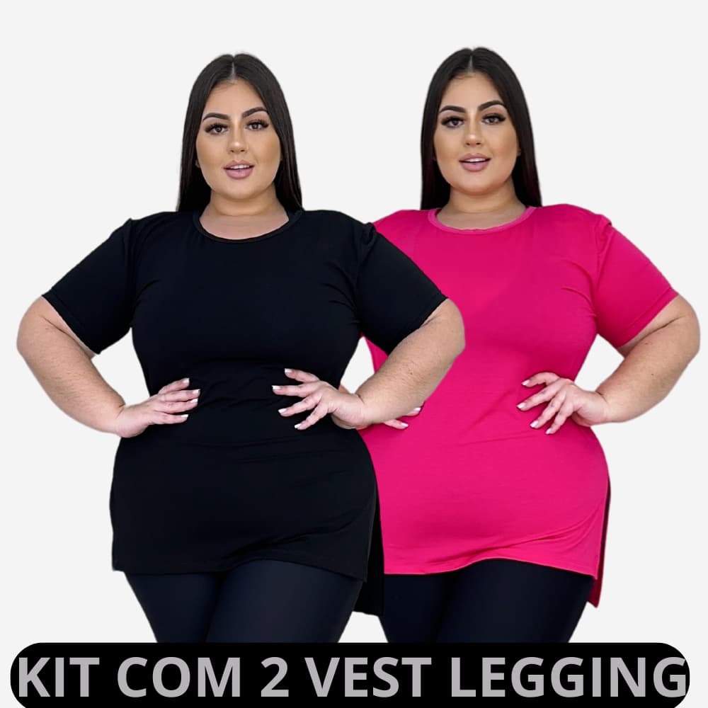 Kit 02 Vest Legging Plus Size que Estica Tapa Bumbum Academia Camiseta Atividade Física Blusa Esporte Casual Verão Moda