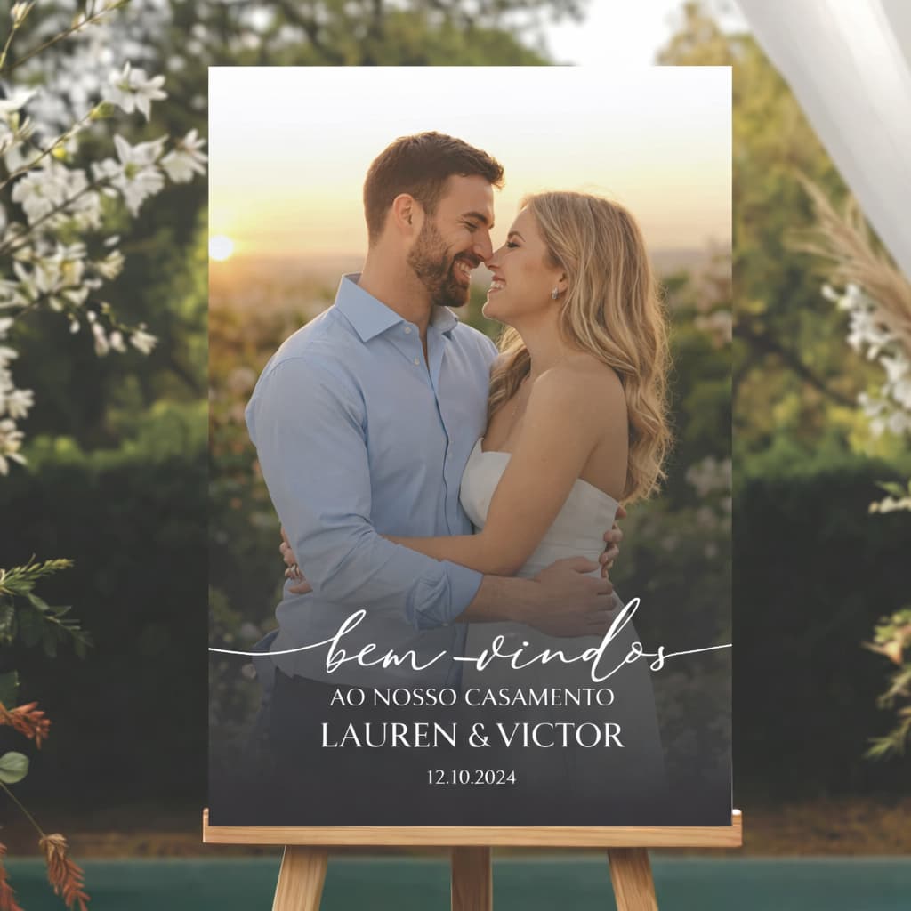 Placa Quadro Casamento Decorativa com Foto - Recepção Bem vindos