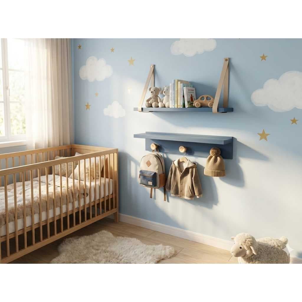 Cabideiro infantil com prateleira com couro, organizador para quarto de bebe, decoração infantil