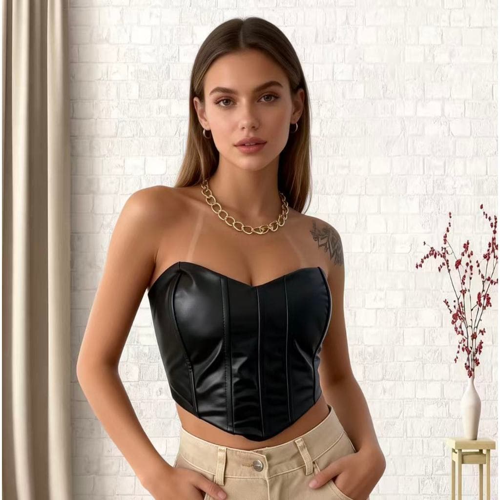 Novo corpete curto de couro feminino
