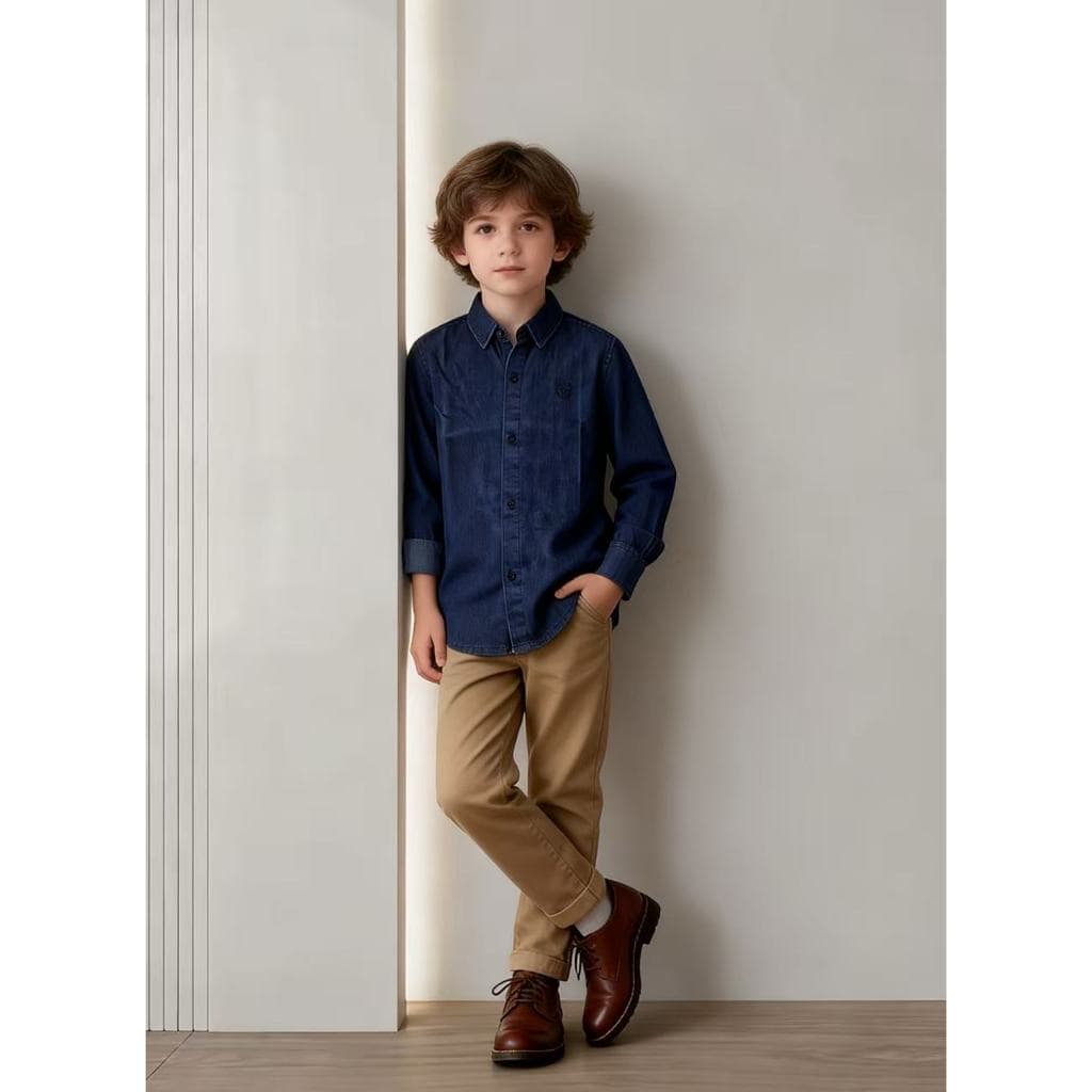 Camisa jeans de manga longa com elasticidade para crianças, modelo juvenil