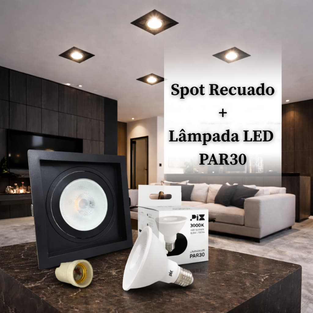 Spot Embutir Recuado Par30 Preto + Lâmpada Led 9,8w E27 Bivolt Pix
