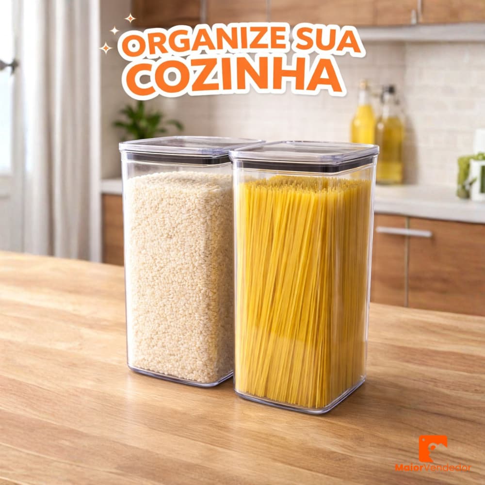 Kit 02 Potes Herméticos Acrílico Quadrado 2300ml | Organizador de Alimentos Cozinha | Vedação Hermética Empilhável