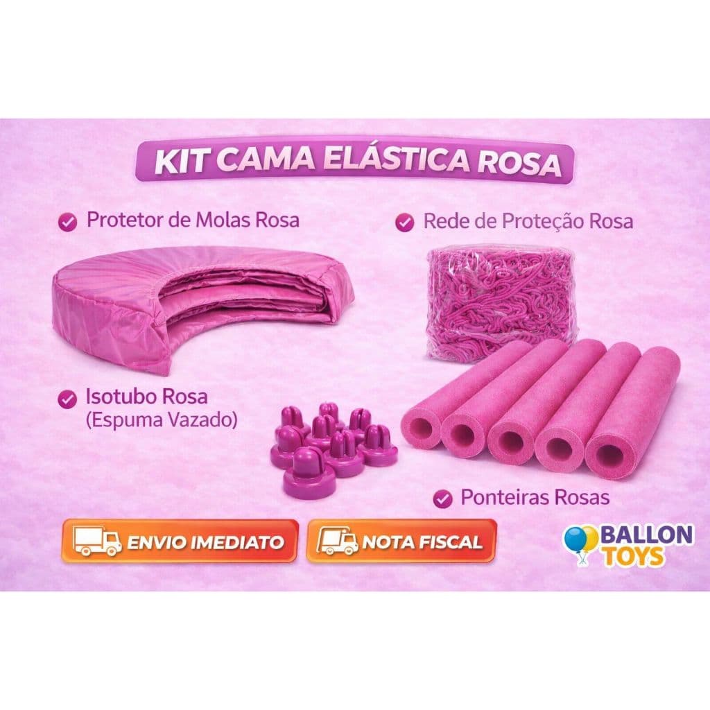 Kit Rede 2,00 + Protetor de Molas + 6 Isotubos + 6 Ponteiras Rosa Pink Para Cama Elastica Pula Pula