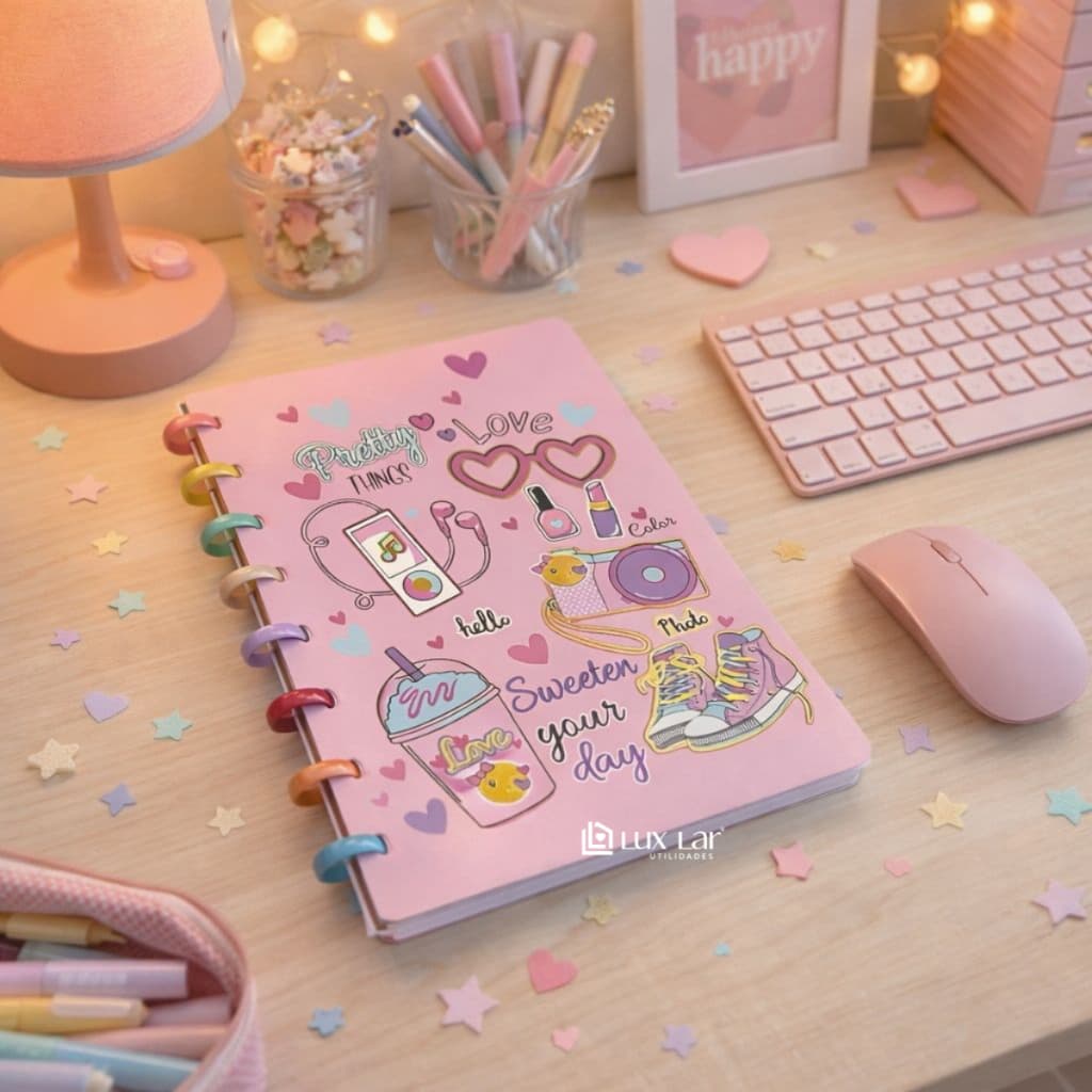 Caderno Inteligente Grande Feminino Disco Diário Estampas Coloridas Fofa