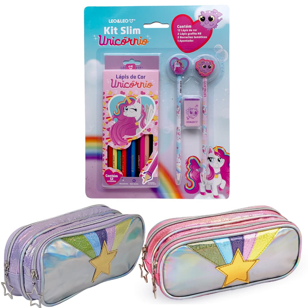 Kit Escolar Infantil Unicórnio com Estojo Duplo e Lápis de Cor Completo