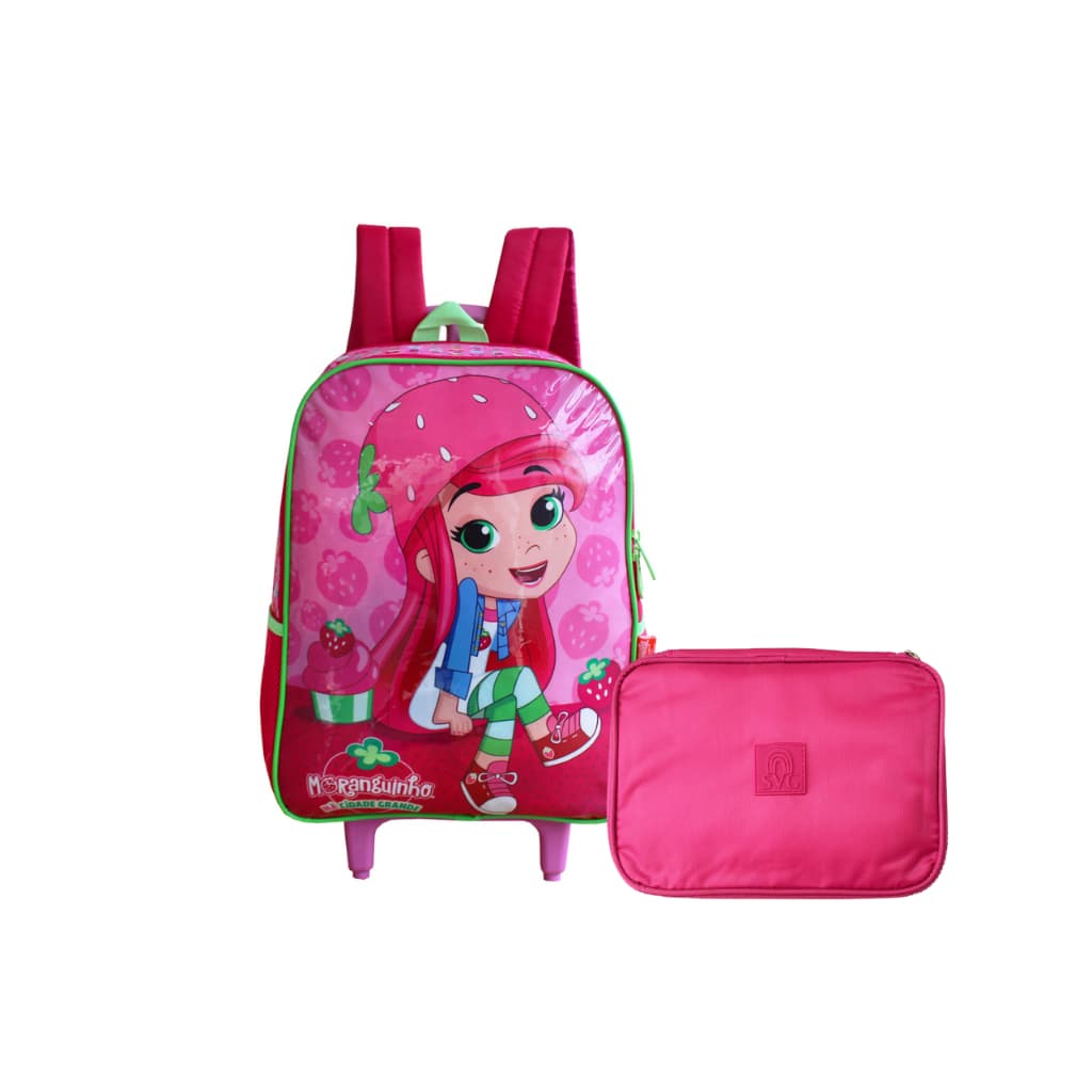 Kit Mochila Escolar Menina Da Moranguinho na Cidade Rodinhas com estojo Escolar Jumbo SVG Rosa