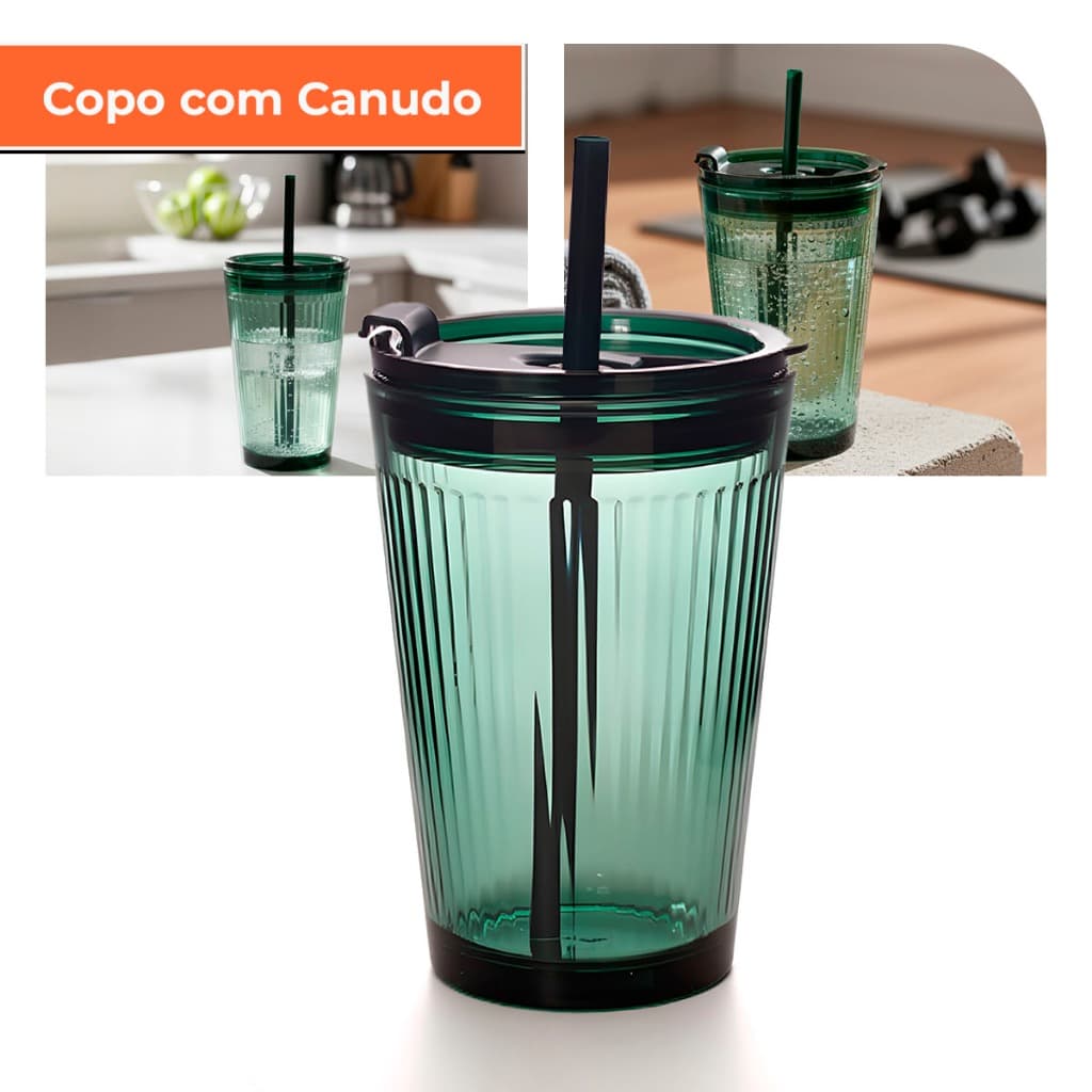 Copo Com Canudo E Tampa Vidro Enjoy 450ml Verde