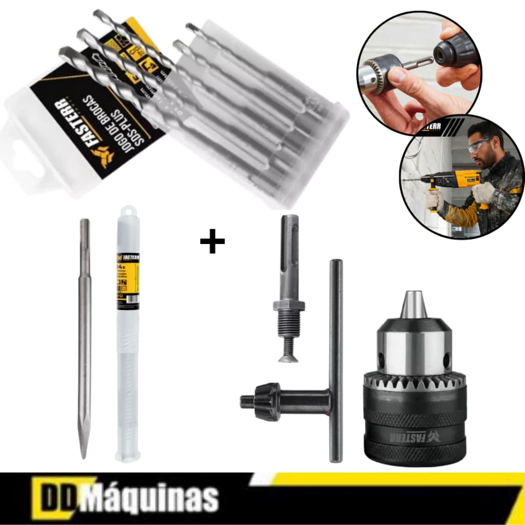 Mandril com Adaptador + Jogo De Brocas Para Concreto SDS Plus 5 Peças + 2 Ponteira Sds Plus - Fasterr