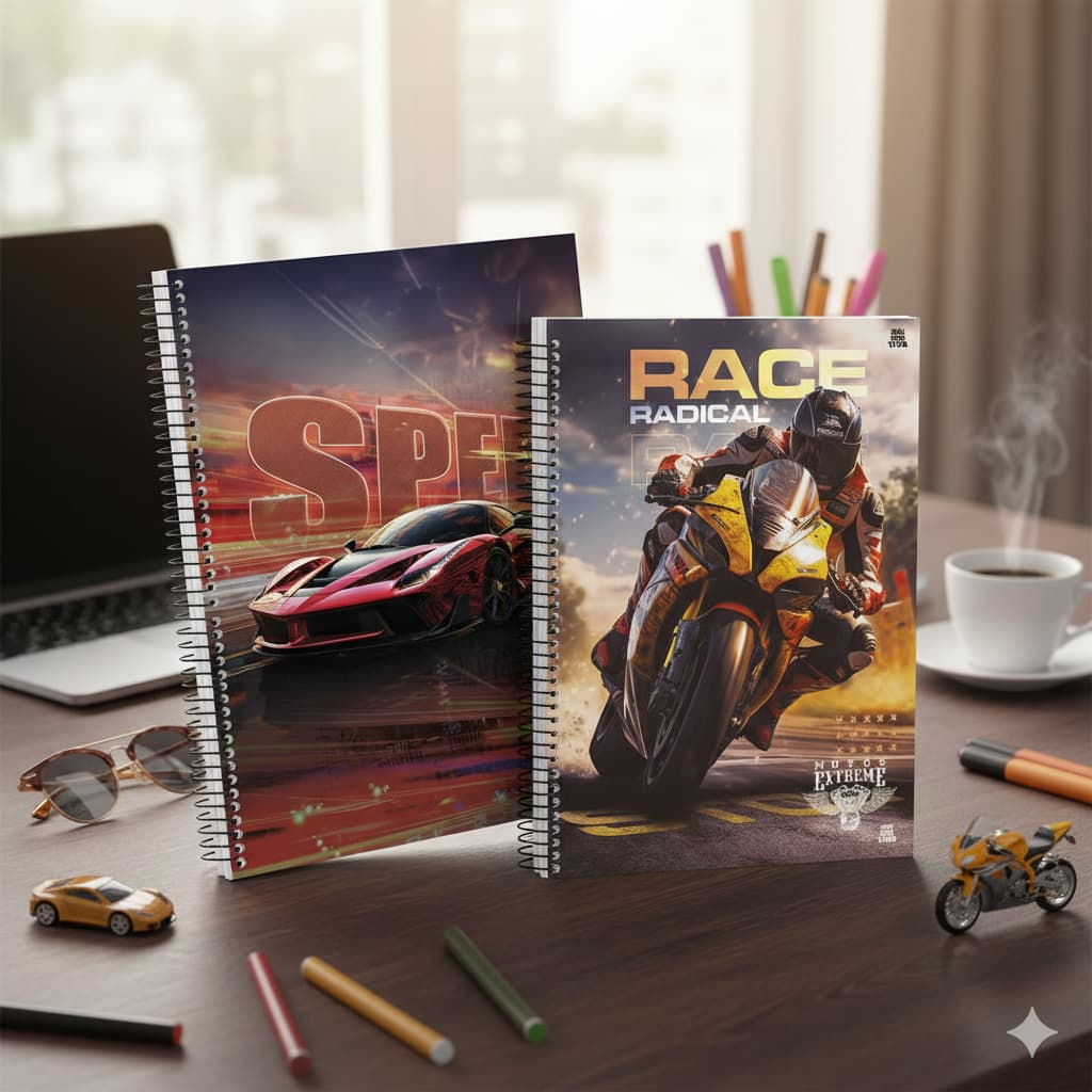 Caderno Universitário 10 Matérias 160 Folhas Espiral Capa Dura Moto Radical Carro Speed