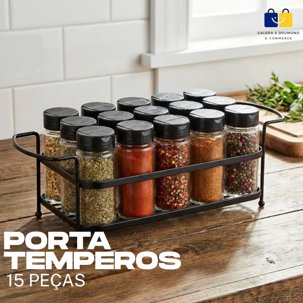 Porta Tempero Suporte Cromado Preto 15 Potes de Vidro Cozinha Condimentos Saleiro