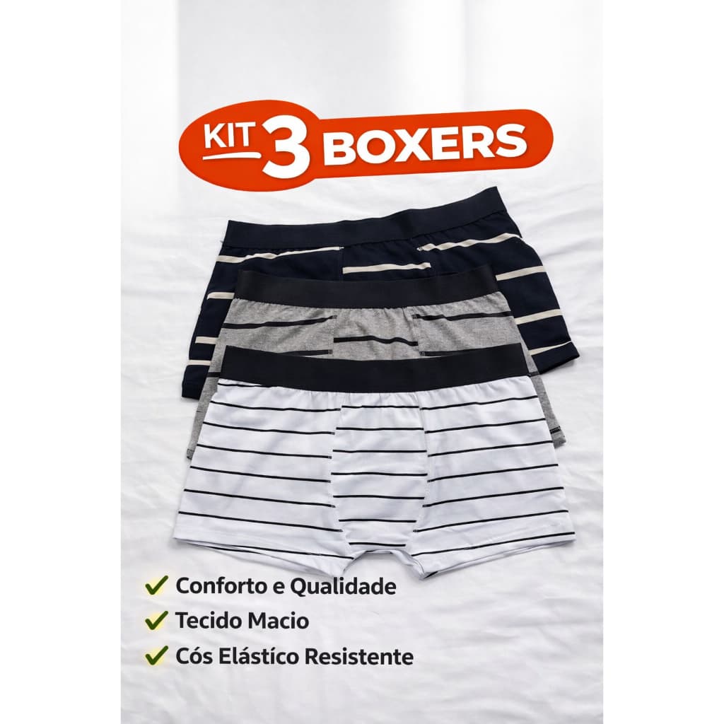 Kit 3 Cuecas Boxer Listradas Masculinas Conforto Algodão