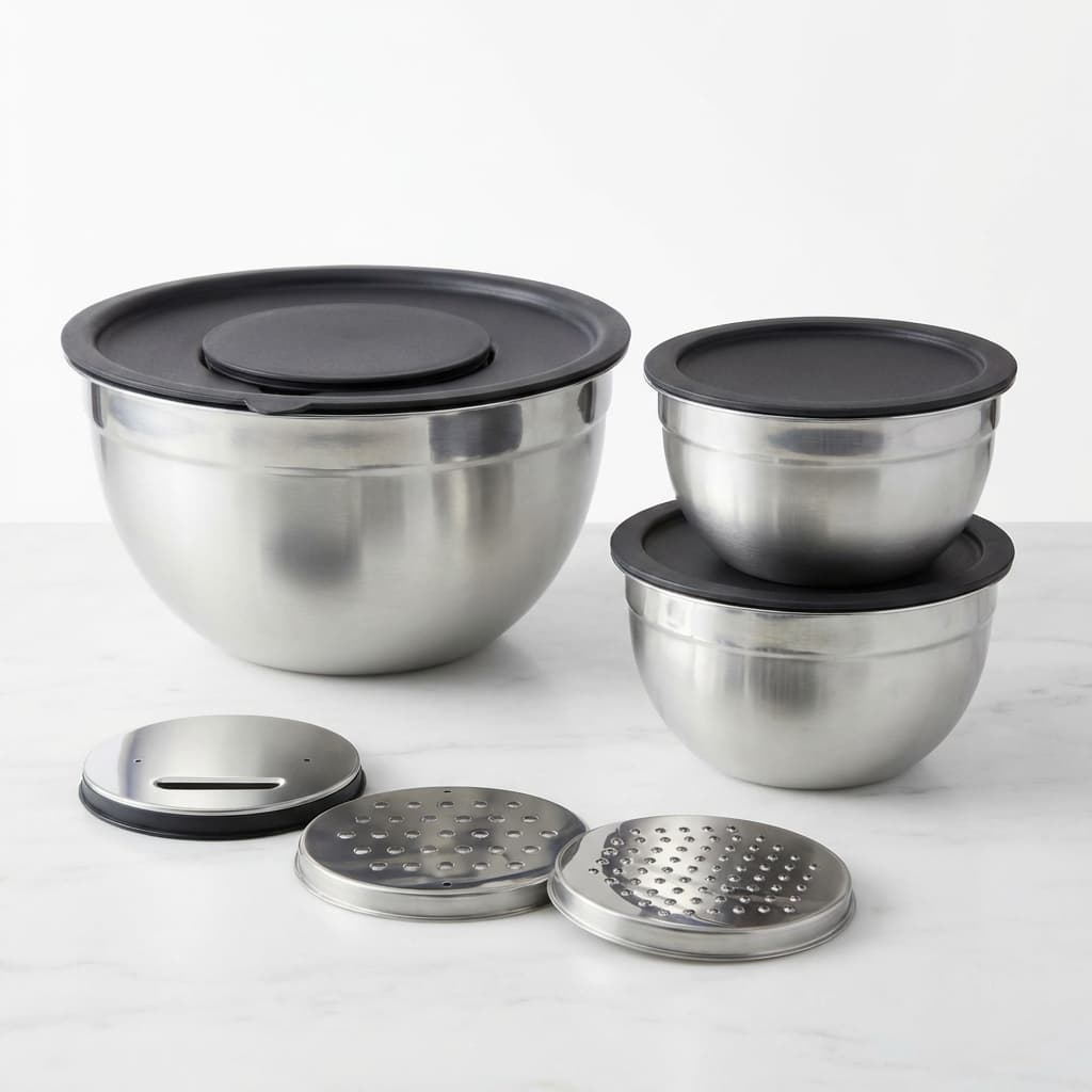 Kit Tigelas Inox 3 Peças com Tampa Preta + Raladores