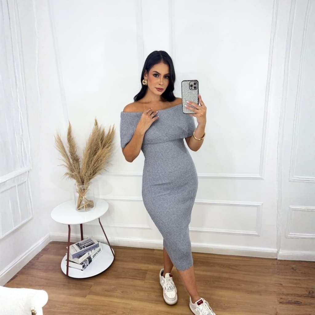 Vestido Midi Feminino Canelado em Tricot Modal Premium Ombro a Ombro Conforto Estilo Luxo