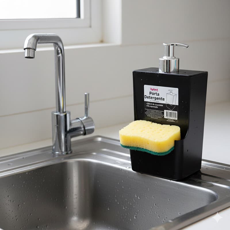 Dispenser Porta Detergente e Bucha Black Premium 550ml – Organizador de Pia de Cozinha com Bomba Press