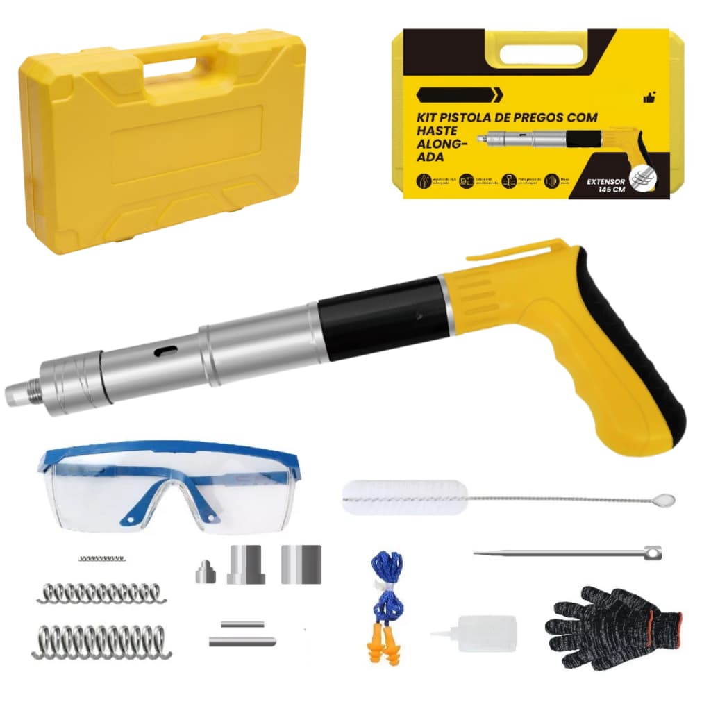 Kit Pistola de Fixação Finca Pino Ação COM Caixa Portátil Direta Gesso Drywall Madeira Janela