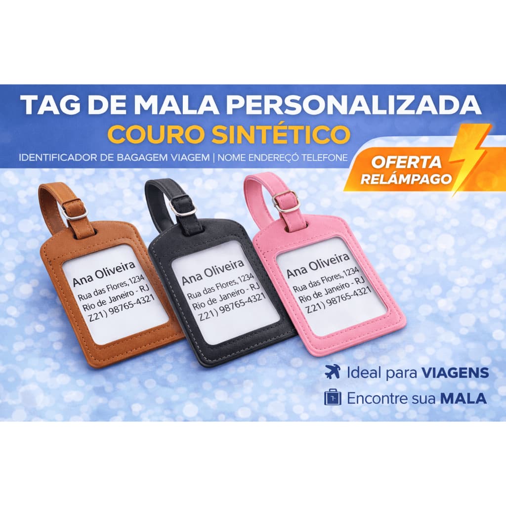 Tag de Mala Personalizada Couro Sintético | Identificador de Bagagem Viagem | Nome Endereço Telefone
