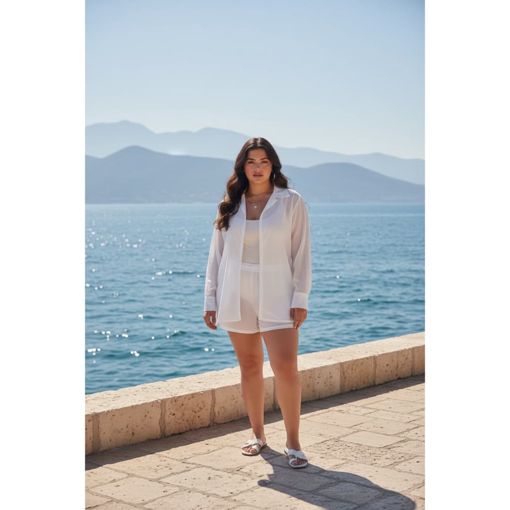 Saida de Praia Plus Size Conjunto Blusão Manga longa Com Gola Estilo Alfaiataria Com Short Verão Casual