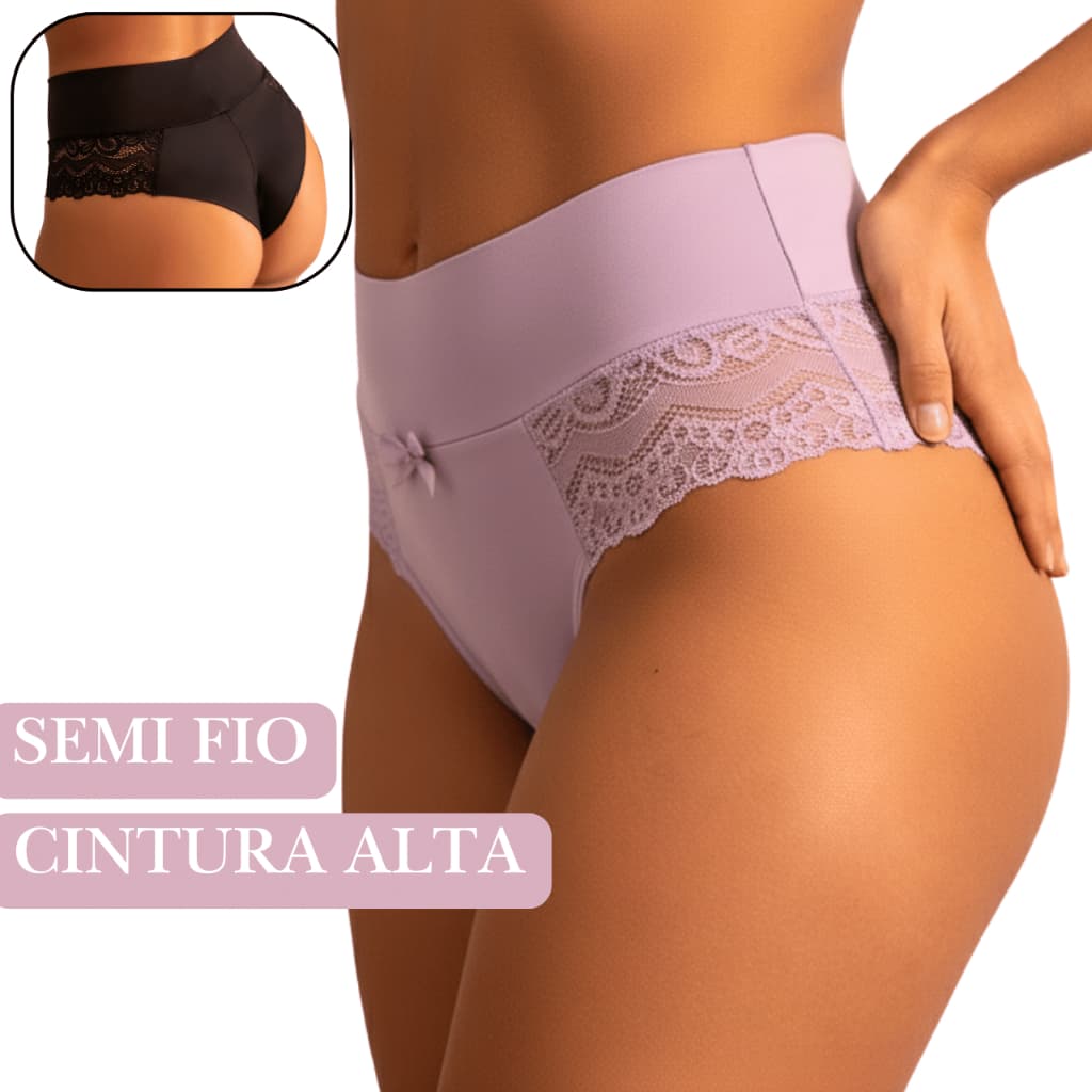 Calcinha Cintura Alta Elegante com Renda Floral Soft Delicada Confortável Dia a Dia Tecido Poliamida